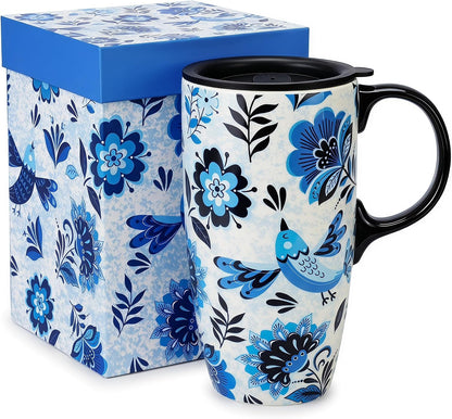 17oz Ceramic Travel Mug with Lid, Blue Bird Folk Art Coffee Mug | Large Ceramic Coffee Mug with Handle, Floral Travel Cup, Microwave & Dishwasher Safe, Gift Box Included