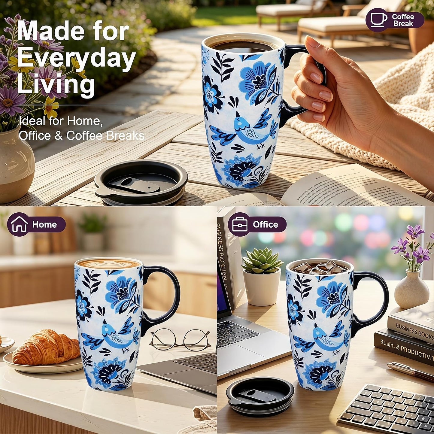 17oz Ceramic Travel Mug with Lid, Blue Bird Folk Art Coffee Mug | Large Ceramic Coffee Mug with Handle, Floral Travel Cup, Microwave & Dishwasher Safe, Gift Box Included