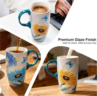 17oz Ceramic Travel Mug with Lid, Blue Bird Folk Art Coffee Mug | Large Ceramic Coffee Mug with Handle, Floral Travel Cup, Microwave & Dishwasher Safe, Gift Box Included