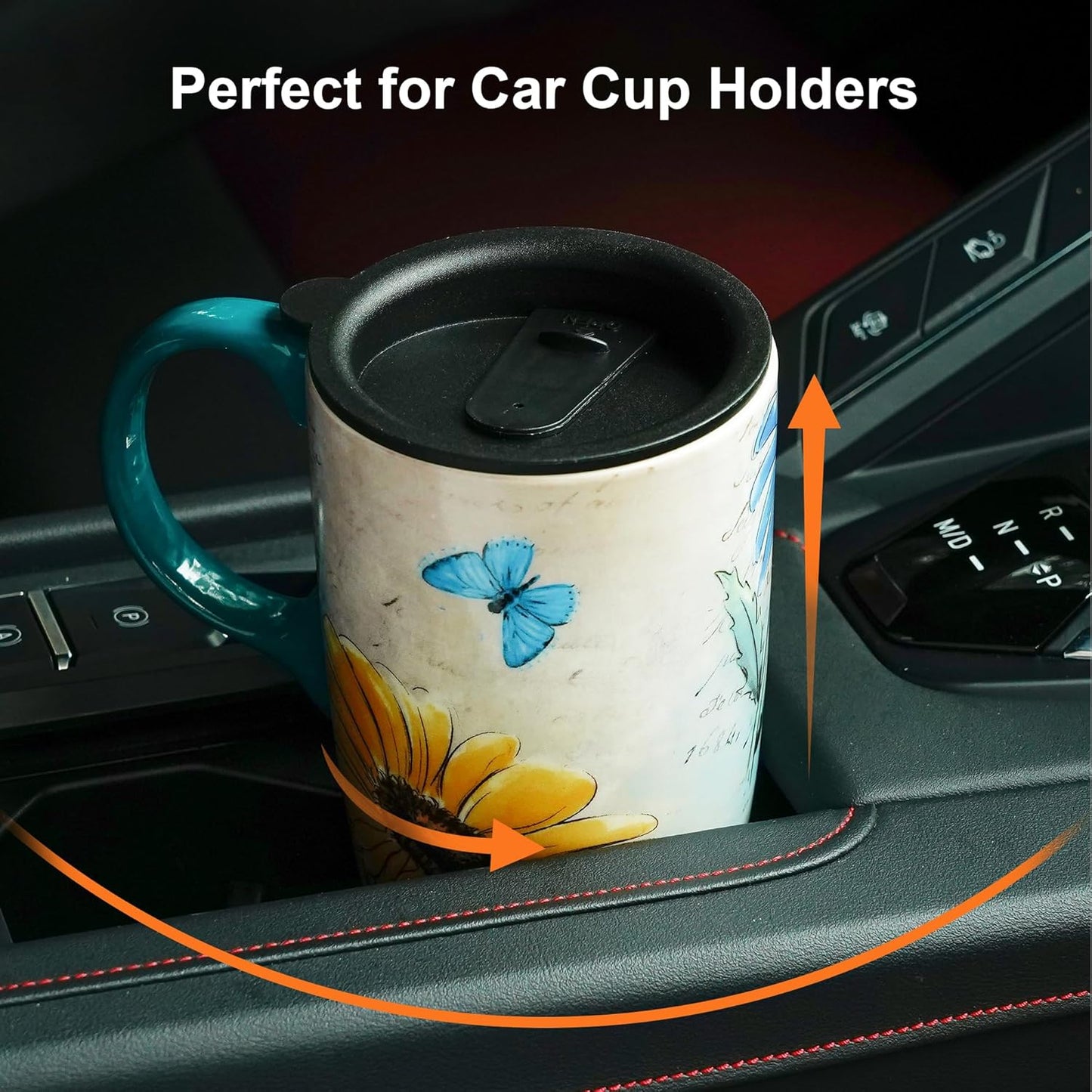 17oz Ceramic Travel Mug with Lid, Blue Bird Folk Art Coffee Mug | Large Ceramic Coffee Mug with Handle, Floral Travel Cup, Microwave & Dishwasher Safe, Gift Box Included