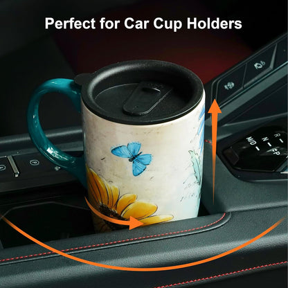 17oz Ceramic Travel Mug with Lid, Blue Bird Folk Art Coffee Mug | Large Ceramic Coffee Mug with Handle, Floral Travel Cup, Microwave & Dishwasher Safe, Gift Box Included