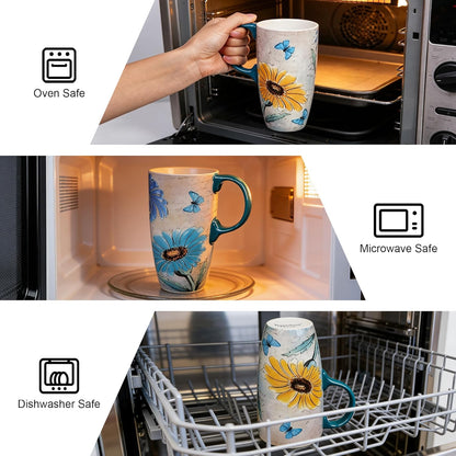 17oz Ceramic Travel Mug with Lid, Blue Bird Folk Art Coffee Mug | Large Ceramic Coffee Mug with Handle, Floral Travel Cup, Microwave & Dishwasher Safe, Gift Box Included