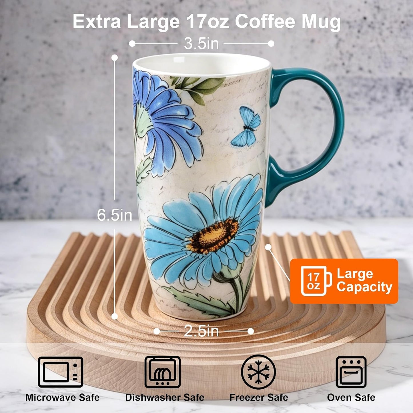 17oz Ceramic Travel Mug with Lid, Blue Bird Folk Art Coffee Mug | Large Ceramic Coffee Mug with Handle, Floral Travel Cup, Microwave & Dishwasher Safe, Gift Box Included