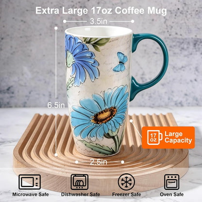 17oz Ceramic Travel Mug with Lid, Blue Bird Folk Art Coffee Mug | Large Ceramic Coffee Mug with Handle, Floral Travel Cup, Microwave & Dishwasher Safe, Gift Box Included