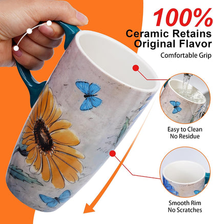 17oz Ceramic Travel Mug with Lid, Blue Bird Folk Art Coffee Mug | Large Ceramic Coffee Mug with Handle, Floral Travel Cup, Microwave & Dishwasher Safe, Gift Box Included