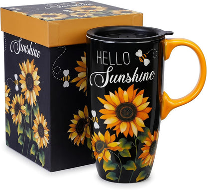 17oz Ceramic Travel Mug with Lid, Blue Bird Folk Art Coffee Mug | Large Ceramic Coffee Mug with Handle, Floral Travel Cup, Microwave & Dishwasher Safe, Gift Box Included
