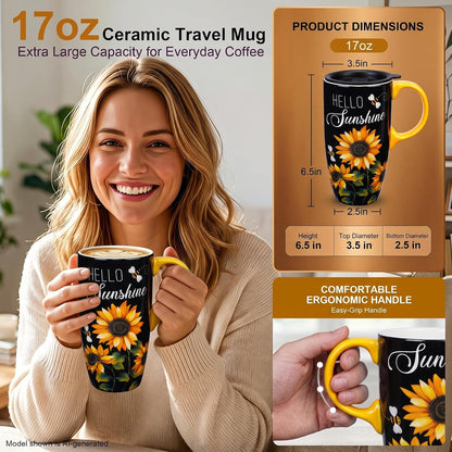 17oz Ceramic Travel Mug with Lid, Blue Bird Folk Art Coffee Mug | Large Ceramic Coffee Mug with Handle, Floral Travel Cup, Microwave & Dishwasher Safe, Gift Box Included