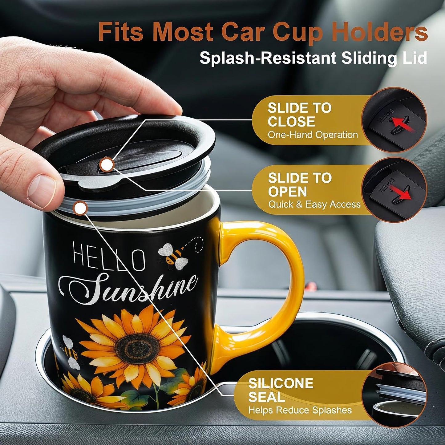 17oz Ceramic Travel Mug with Lid, Blue Bird Folk Art Coffee Mug | Large Ceramic Coffee Mug with Handle, Floral Travel Cup, Microwave & Dishwasher Safe, Gift Box Included