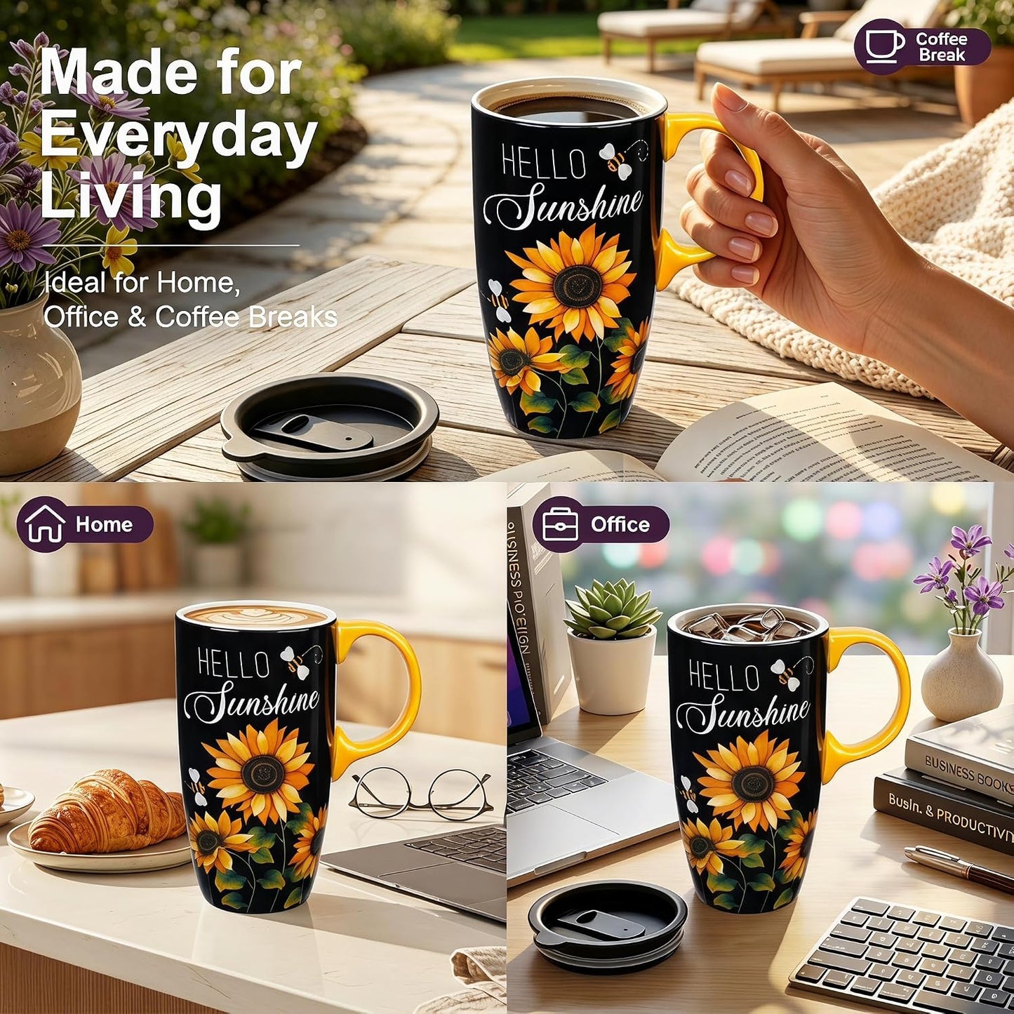 17oz Ceramic Travel Mug with Lid, Blue Bird Folk Art Coffee Mug | Large Ceramic Coffee Mug with Handle, Floral Travel Cup, Microwave & Dishwasher Safe, Gift Box Included