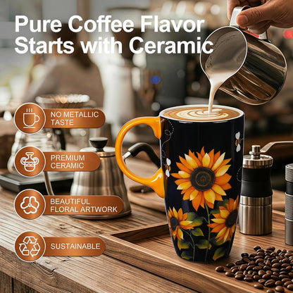 17oz Ceramic Travel Mug with Lid, Blue Bird Folk Art Coffee Mug | Large Ceramic Coffee Mug with Handle, Floral Travel Cup, Microwave & Dishwasher Safe, Gift Box Included