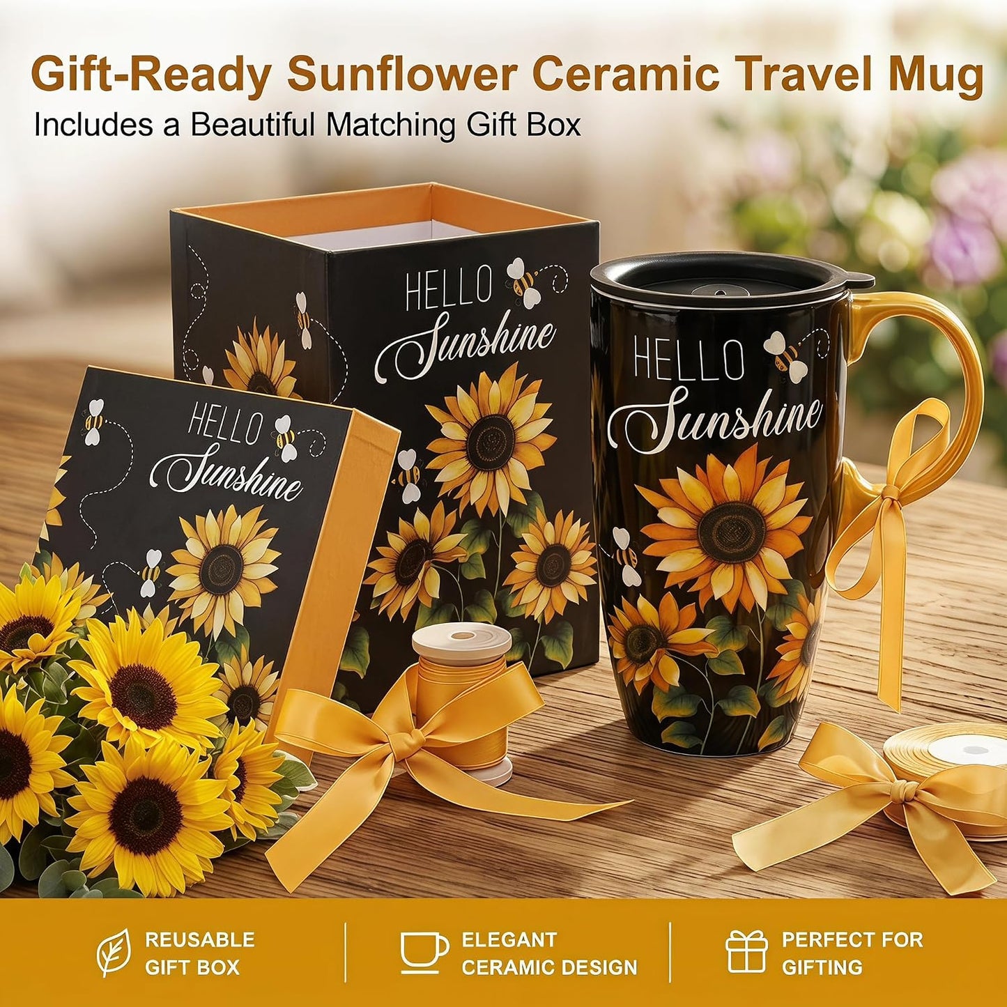 17oz Ceramic Travel Mug with Lid, Blue Bird Folk Art Coffee Mug | Large Ceramic Coffee Mug with Handle, Floral Travel Cup, Microwave & Dishwasher Safe, Gift Box Included
