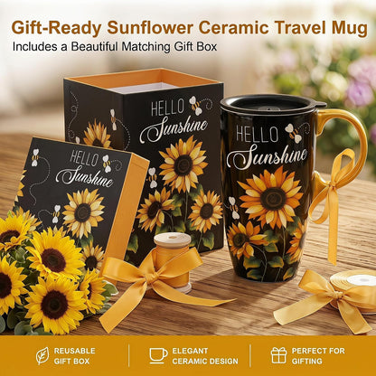 17oz Ceramic Travel Mug with Lid, Blue Bird Folk Art Coffee Mug | Large Ceramic Coffee Mug with Handle, Floral Travel Cup, Microwave & Dishwasher Safe, Gift Box Included