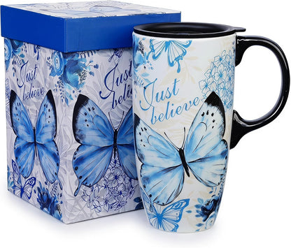 17oz Ceramic Travel Mug with Lid, Blue Bird Folk Art Coffee Mug | Large Ceramic Coffee Mug with Handle, Floral Travel Cup, Microwave & Dishwasher Safe, Gift Box Included