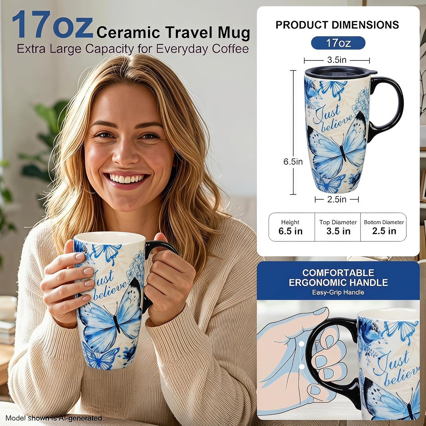 17oz Ceramic Travel Mug with Lid, Blue Bird Folk Art Coffee Mug | Large Ceramic Coffee Mug with Handle, Floral Travel Cup, Microwave & Dishwasher Safe, Gift Box Included
