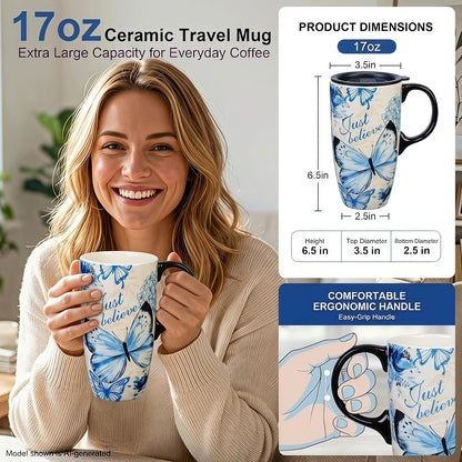 17oz Ceramic Travel Mug with Lid, Blue Bird Folk Art Coffee Mug | Large Ceramic Coffee Mug with Handle, Floral Travel Cup, Microwave & Dishwasher Safe, Gift Box Included
