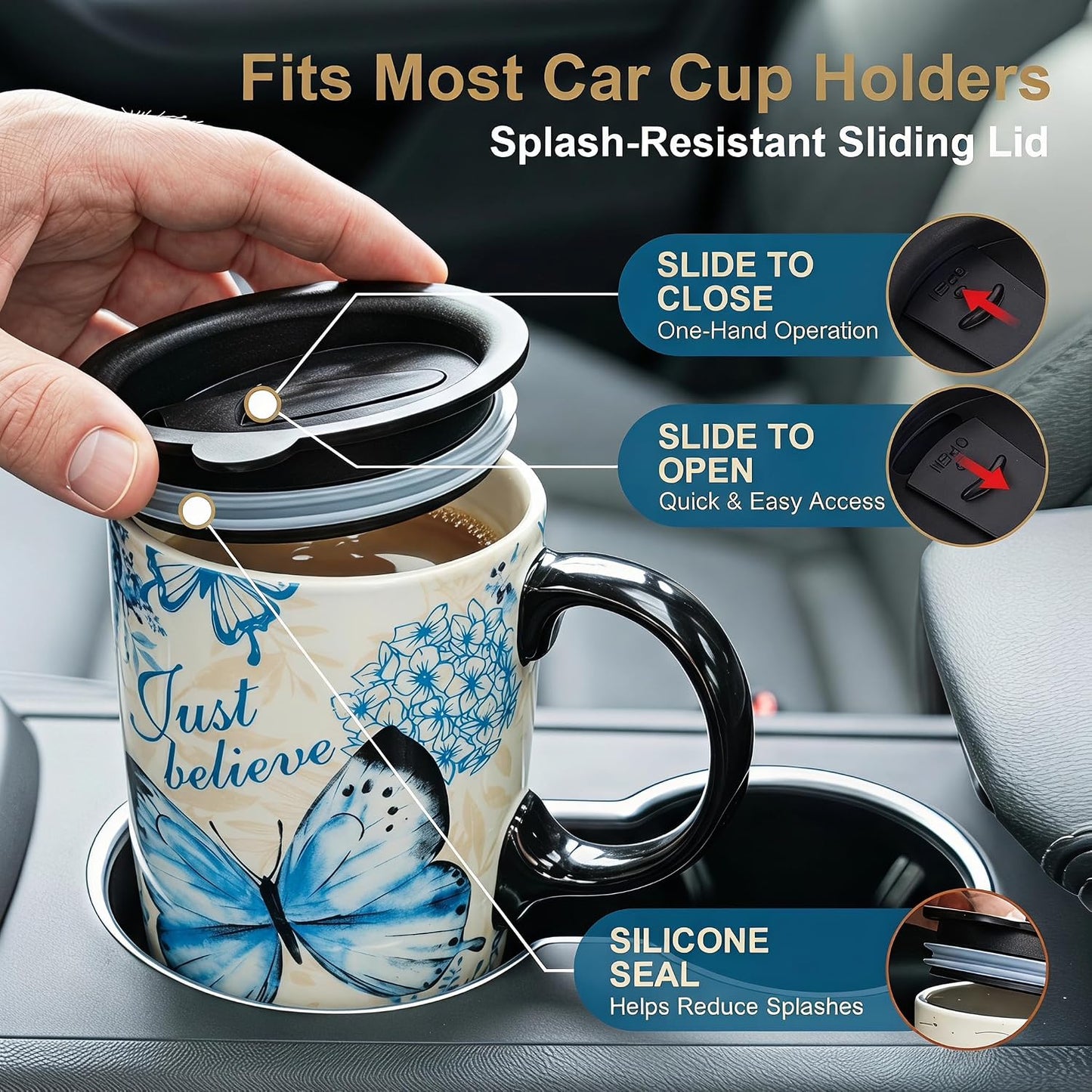 17oz Ceramic Travel Mug with Lid, Blue Bird Folk Art Coffee Mug | Large Ceramic Coffee Mug with Handle, Floral Travel Cup, Microwave & Dishwasher Safe, Gift Box Included