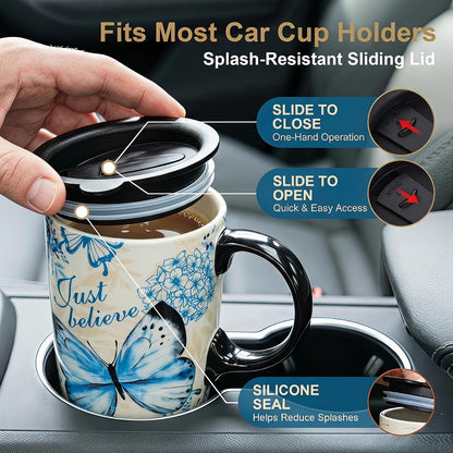 17oz Ceramic Travel Mug with Lid, Blue Bird Folk Art Coffee Mug | Large Ceramic Coffee Mug with Handle, Floral Travel Cup, Microwave & Dishwasher Safe, Gift Box Included