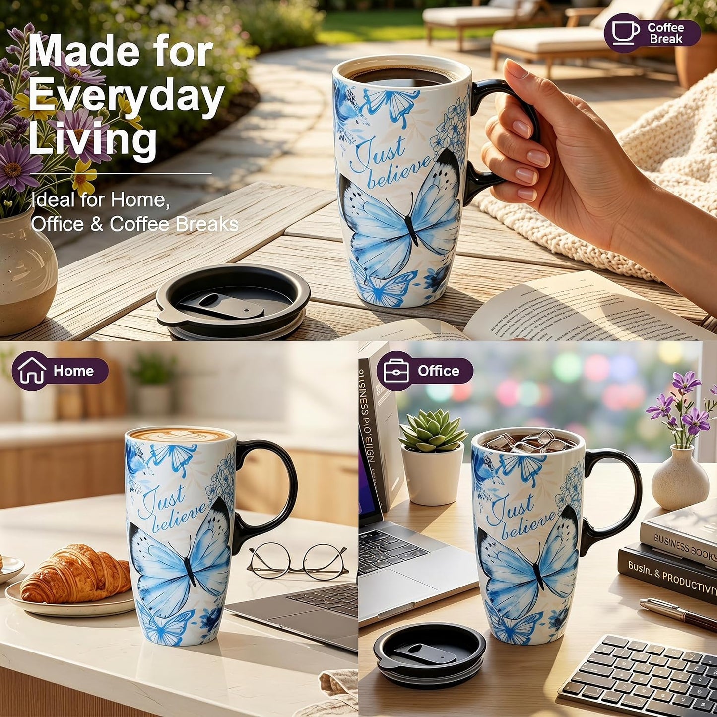 17oz Ceramic Travel Mug with Lid, Blue Bird Folk Art Coffee Mug | Large Ceramic Coffee Mug with Handle, Floral Travel Cup, Microwave & Dishwasher Safe, Gift Box Included