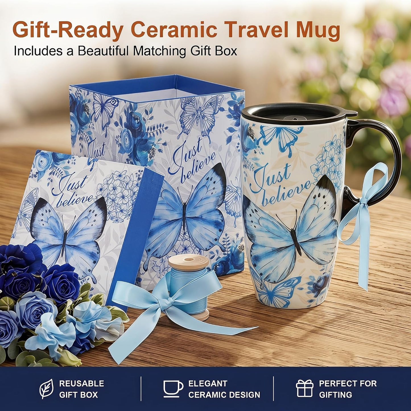 17oz Ceramic Travel Mug with Lid, Blue Bird Folk Art Coffee Mug | Large Ceramic Coffee Mug with Handle, Floral Travel Cup, Microwave & Dishwasher Safe, Gift Box Included