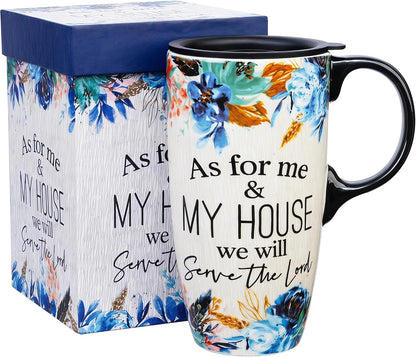 17oz Ceramic Travel Mug with Lid, Blue Bird Folk Art Coffee Mug | Large Ceramic Coffee Mug with Handle, Floral Travel Cup, Microwave & Dishwasher Safe, Gift Box Included