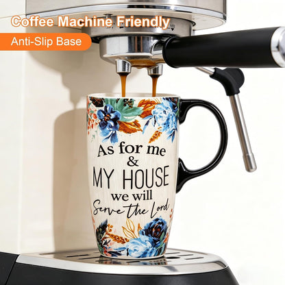 17oz Ceramic Travel Mug with Lid, Blue Bird Folk Art Coffee Mug | Large Ceramic Coffee Mug with Handle, Floral Travel Cup, Microwave & Dishwasher Safe, Gift Box Included