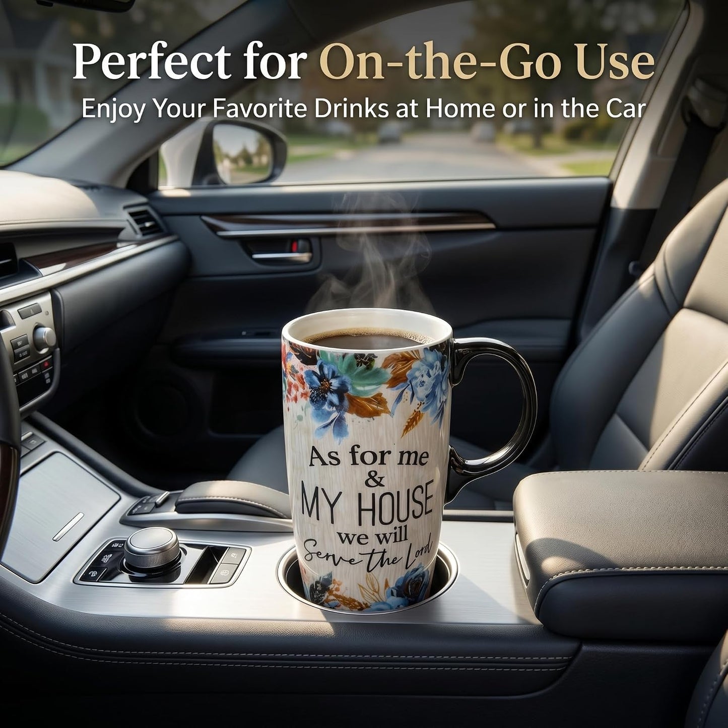 17oz Ceramic Travel Mug with Lid, Blue Bird Folk Art Coffee Mug | Large Ceramic Coffee Mug with Handle, Floral Travel Cup, Microwave & Dishwasher Safe, Gift Box Included