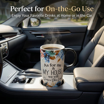 17oz Ceramic Travel Mug with Lid, Blue Bird Folk Art Coffee Mug | Large Ceramic Coffee Mug with Handle, Floral Travel Cup, Microwave & Dishwasher Safe, Gift Box Included