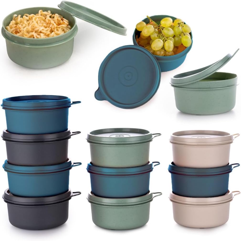 Set of 12 Small Round 9 oz Deli Containers with Lids, Airtight Leakproof Reusable Food Storage, Plastic To Go Bento Box, Mini Lunch Box, Snack Storage Bowl, for Kitchen, Picnic (12)