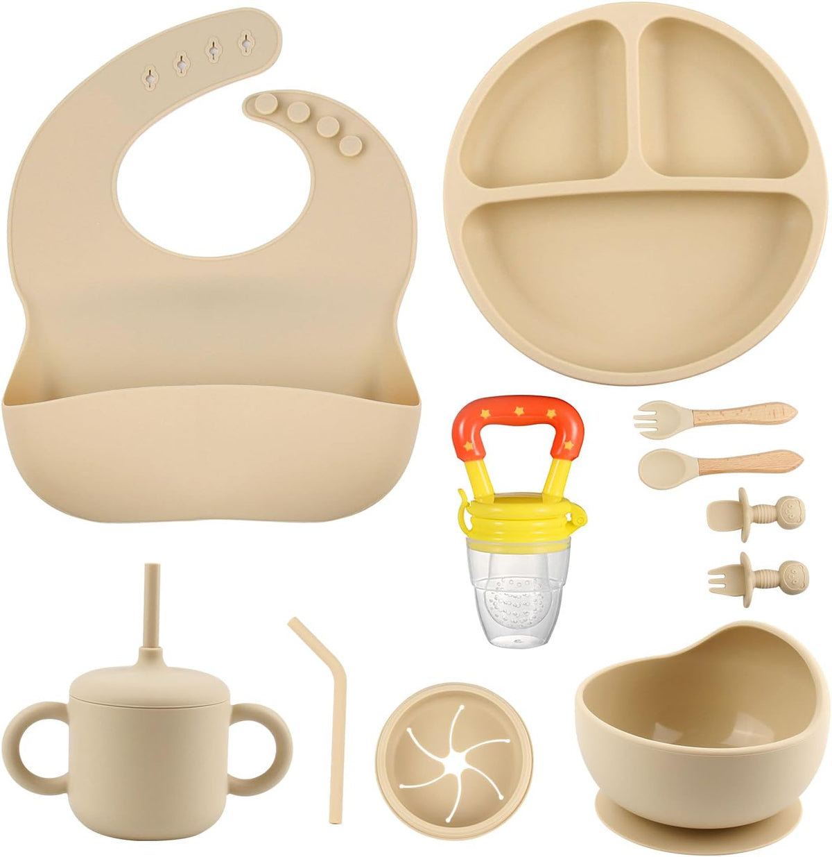 Silicone Baby Feeding Set, Baby Feeding Essentials, Baby Suction Bowl, Plates, Bib, Spoons set, Baby Led Weaning Supplies to Develop Self-feeding Skills, Dishwasher Safe (Beige, No Lid)