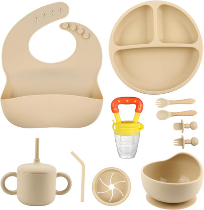 Silicone Baby Feeding Set, Baby Feeding Essentials, Baby Suction Bowl, Plates, Bib, Spoons set, Baby Led Weaning Supplies to Develop Self-feeding Skills, Dishwasher Safe (Beige, No Lid)