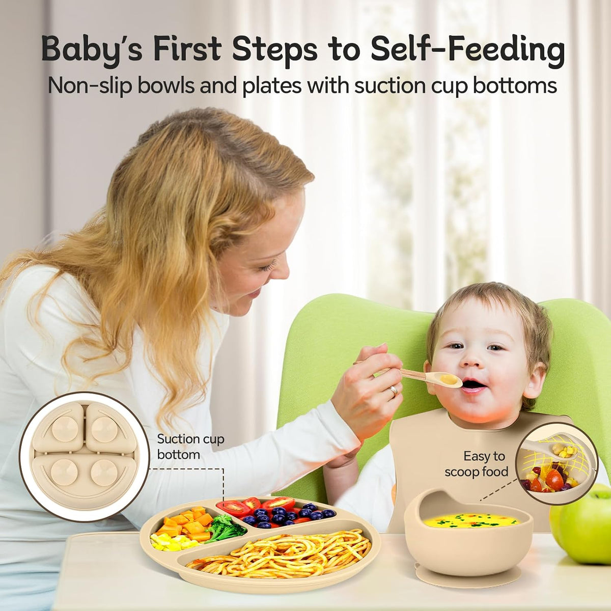 Silicone Baby Feeding Set, Baby Feeding Essentials, Baby Suction Bowl, Plates, Bib, Spoons set, Baby Led Weaning Supplies to Develop Self-feeding Skills, Dishwasher Safe (Beige, No Lid)