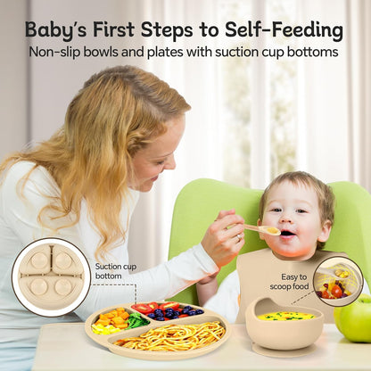 Silicone Baby Feeding Set, Baby Feeding Essentials, Baby Suction Bowl, Plates, Bib, Spoons set, Baby Led Weaning Supplies to Develop Self-feeding Skills, Dishwasher Safe (Beige, No Lid)