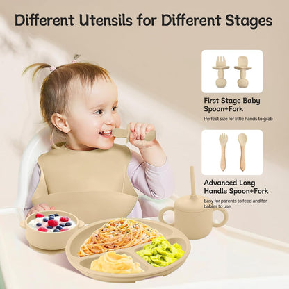 Silicone Baby Feeding Set, Baby Feeding Essentials, Baby Suction Bowl, Plates, Bib, Spoons set, Baby Led Weaning Supplies to Develop Self-feeding Skills, Dishwasher Safe (Beige, No Lid)