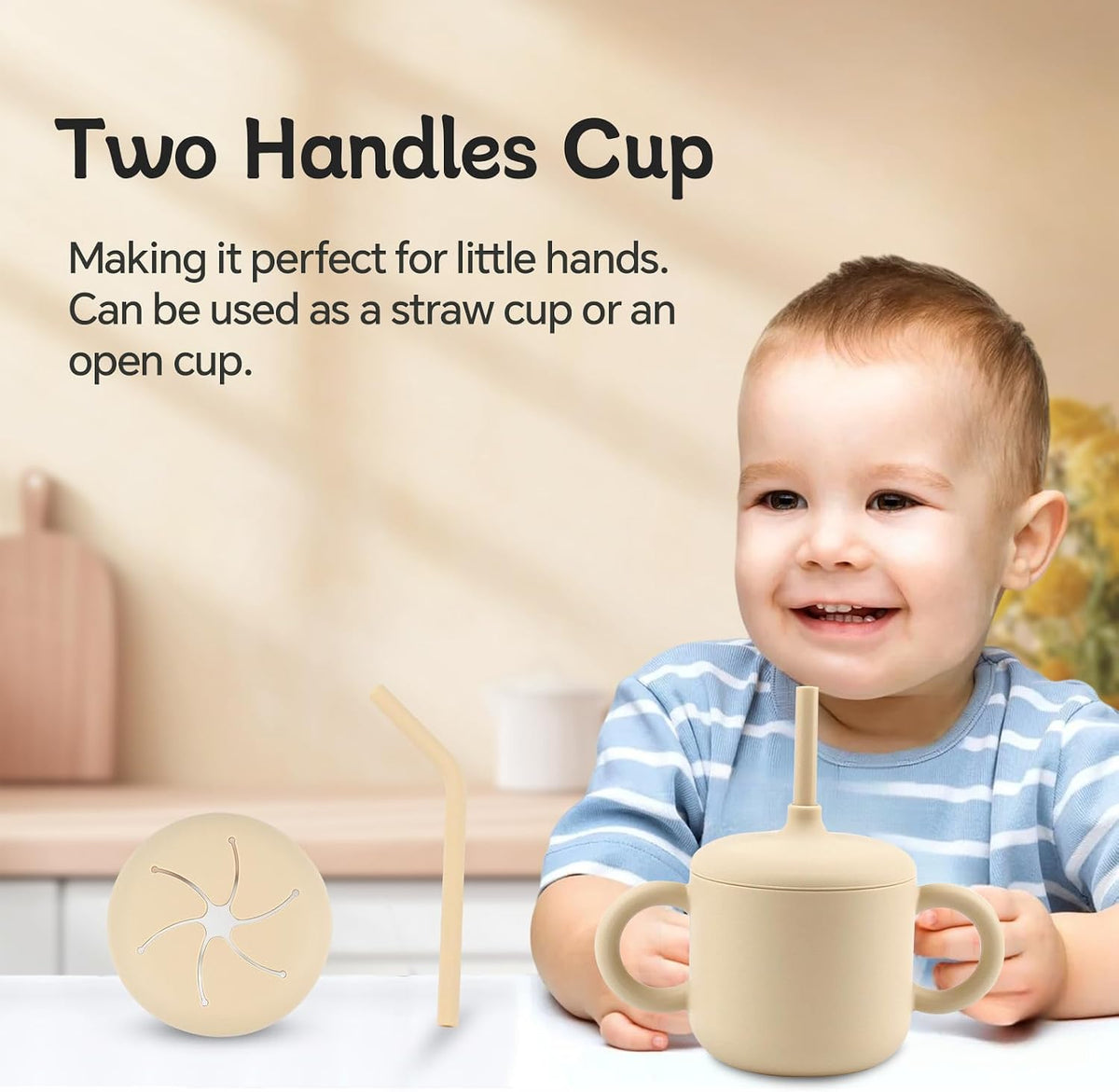 Silicone Baby Feeding Set, Baby Feeding Essentials, Baby Suction Bowl, Plates, Bib, Spoons set, Baby Led Weaning Supplies to Develop Self-feeding Skills, Dishwasher Safe (Beige, No Lid)
