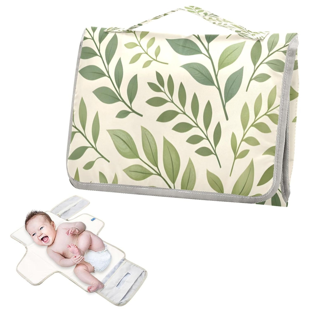 Leaves Portable Diaper Changing Pad, Waterproof Baby Changing Mat with Storage Pocket & Built-in Pillow, Foldable Travel Pad, Newborn Gift Set for Boy Girl
