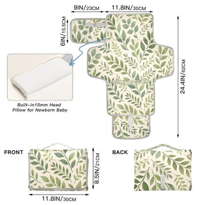 Leaves Portable Diaper Changing Pad, Waterproof Baby Changing Mat with Storage Pocket & Built-in Pillow, Foldable Travel Pad, Newborn Gift Set for Boy Girl