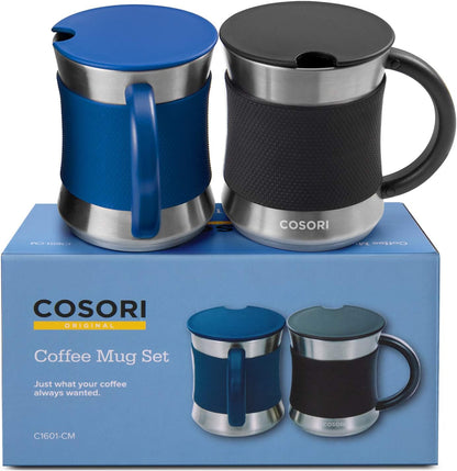 Coffee Mug with Lids Set of 2, Stainless Steel Cups, 17 oz | Best Match w/Mug Warmer, with Heat-resistant Handle & Slip-resistant Sleeve, for Coffee,Tea,Water,Cocoa, Milk, Black & Blue
