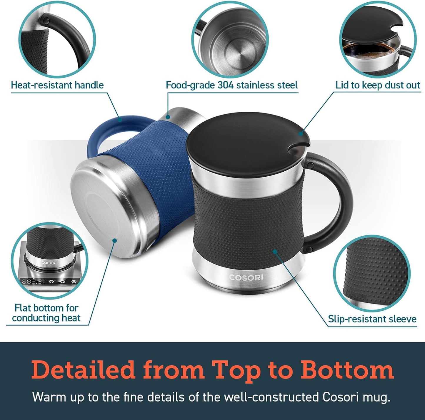 Coffee Mug with Lids Set of 2, Stainless Steel Cups, 17 oz | Best Match w/Mug Warmer, with Heat-resistant Handle & Slip-resistant Sleeve, for Coffee,Tea,Water,Cocoa, Milk, Black & Blue