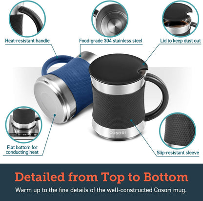 Coffee Mug with Lids Set of 2, Stainless Steel Cups, 17 oz | Best Match w/Mug Warmer, with Heat-resistant Handle & Slip-resistant Sleeve, for Coffee,Tea,Water,Cocoa, Milk, Black & Blue