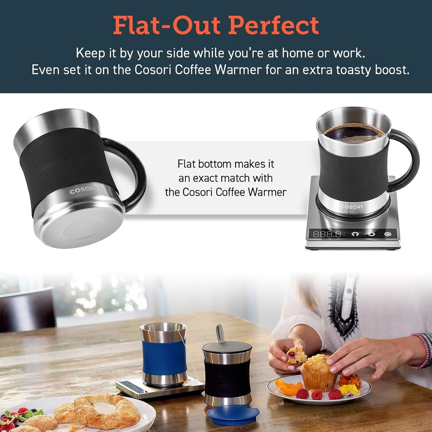 Coffee Mug with Lids Set of 2, Stainless Steel Cups, 17 oz | Best Match w/Mug Warmer, with Heat-resistant Handle & Slip-resistant Sleeve, for Coffee,Tea,Water,Cocoa, Milk, Black & Blue