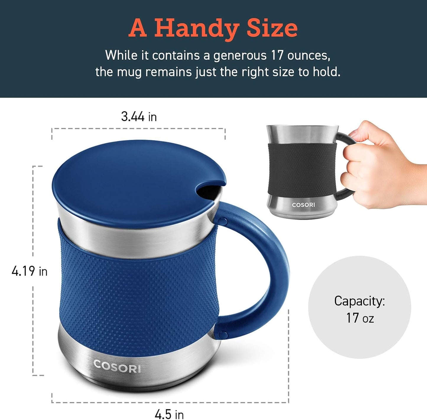 Coffee Mug with Lids Set of 2, Stainless Steel Cups, 17 oz | Best Match w/Mug Warmer, with Heat-resistant Handle & Slip-resistant Sleeve, for Coffee,Tea,Water,Cocoa, Milk, Black & Blue