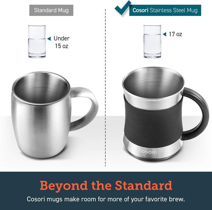 Coffee Mug with Lids Set of 2, Stainless Steel Cups, 17 oz | Best Match w/Mug Warmer, with Heat-resistant Handle & Slip-resistant Sleeve, for Coffee,Tea,Water,Cocoa, Milk, Black & Blue