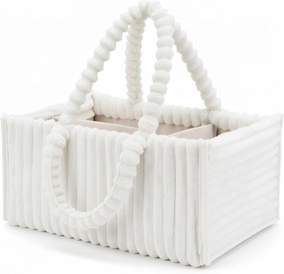 Baby Diaper Caddy, Portable Diaper Caddy with Removable Dividers, Soft Flannel Storage Bin for Baby Essentials, Toys, and Supplies, White