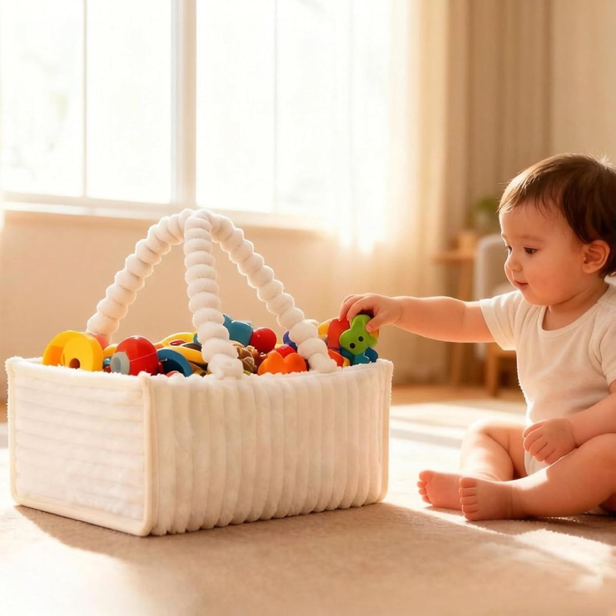 Baby Diaper Caddy, Portable Diaper Caddy with Removable Dividers, Soft Flannel Storage Bin for Baby Essentials, Toys, and Supplies, White