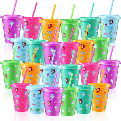 24 Set 16oz Summer Shark Cups Bulk with Lids and Straw Ocean Sea Plastic Tumblers Shark Themed Party Favor for Birthday Summer Activities Supplies(Bright)
