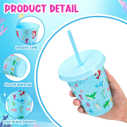 24 Set 16oz Summer Shark Cups Bulk with Lids and Straw Ocean Sea Plastic Tumblers Shark Themed Party Favor for Birthday Summer Activities Supplies(Bright)