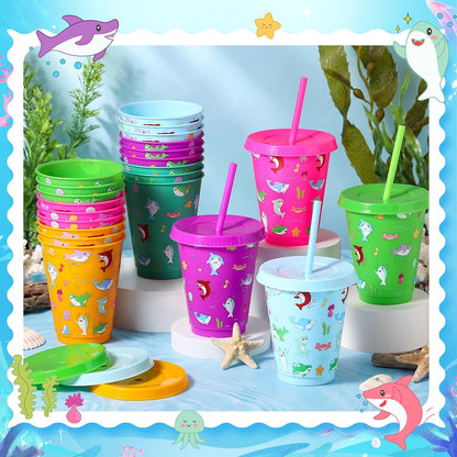 24 Set 16oz Summer Shark Cups Bulk with Lids and Straw Ocean Sea Plastic Tumblers Shark Themed Party Favor for Birthday Summer Activities Supplies(Bright)