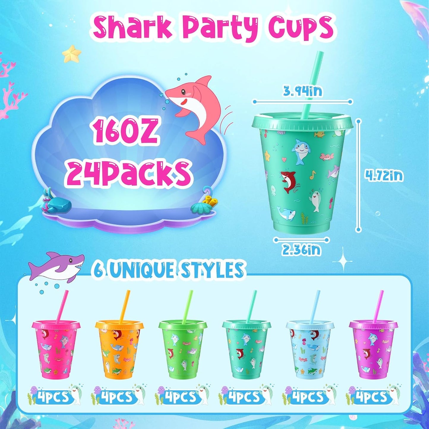 24 Set 16oz Summer Shark Cups Bulk with Lids and Straw Ocean Sea Plastic Tumblers Shark Themed Party Favor for Birthday Summer Activities Supplies(Bright)