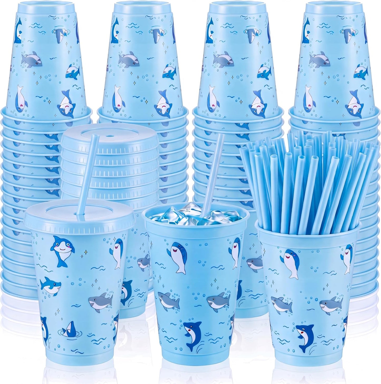 24 Set 16oz Summer Shark Cups Bulk with Lids and Straw Ocean Sea Plastic Tumblers Shark Themed Party Favor for Birthday Summer Activities Supplies(Bright)