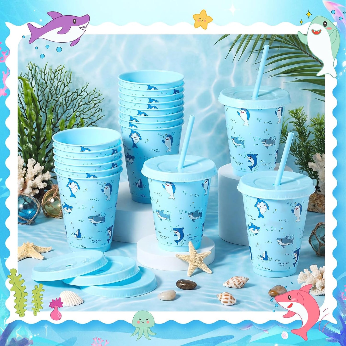 24 Set 16oz Summer Shark Cups Bulk with Lids and Straw Ocean Sea Plastic Tumblers Shark Themed Party Favor for Birthday Summer Activities Supplies(Bright)